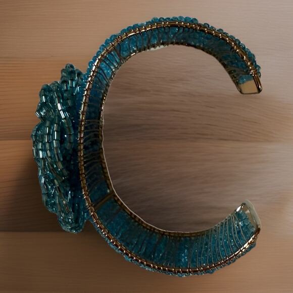 Vintage Turquoise Beaded Flower Cuff Bracelet Wide Wire Wrapped Statement - Picture 5 of 6